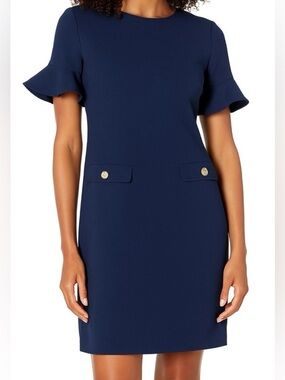 NWT Tommy Hilfiger Navy Flutter Sleeve Patch Pocket Shift Dress Size 14